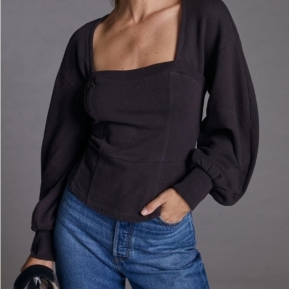 Maeve Tops - Maeve Peasant Square Neck Corset Cut Frwnch Terey Sweatshirt Anthropologie